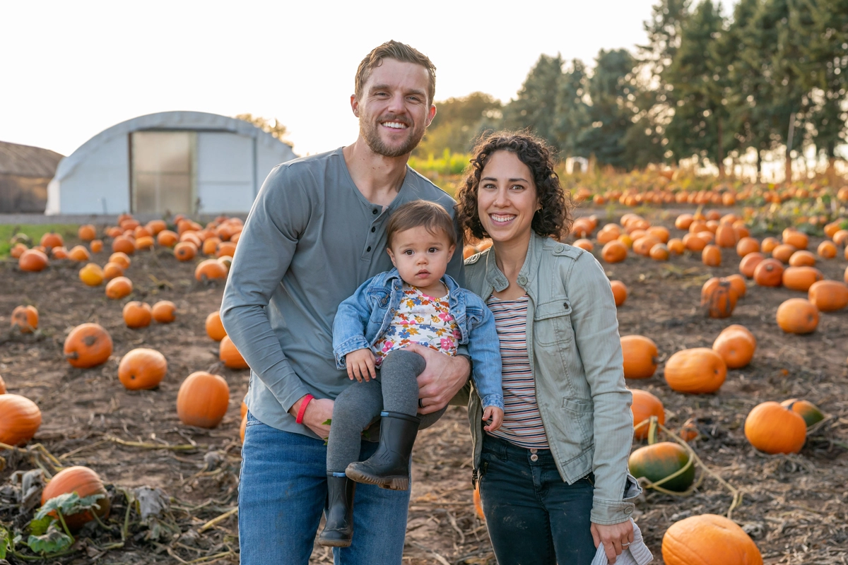 Adorable family at the pumpkin patch enjoying fall weather