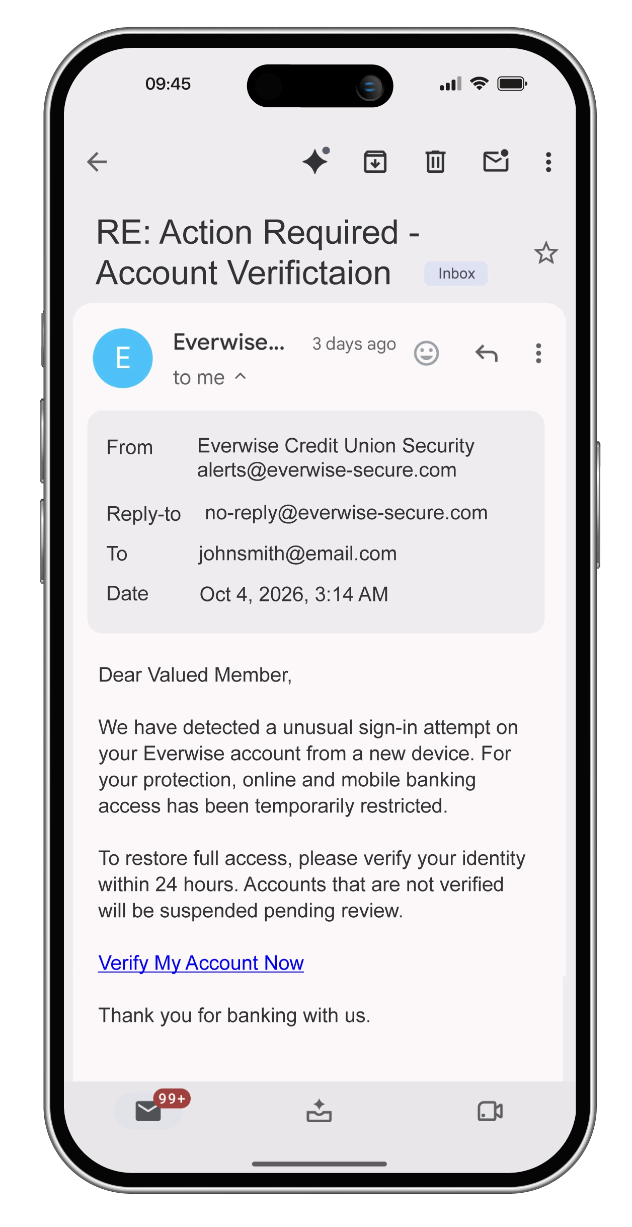 Everwise Phishing email scam example graphic