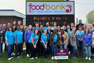Everwise employees posing outside the Food Bank of Northern Indiana after spending their day volunteering for our annual Day of Giving event