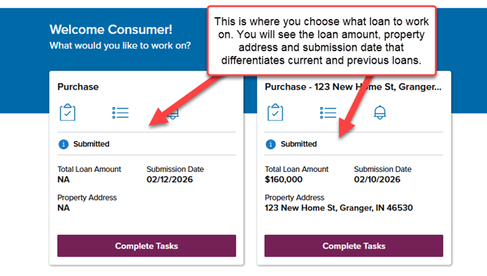 Reset loan portal account step 9 b image This screenshot shows where you choose which loan to work on. You will see the loan amount, property address and submission date that differentiates current and previous loans.