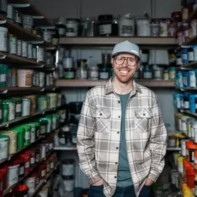Small business owner in the paint room of his hardware store
