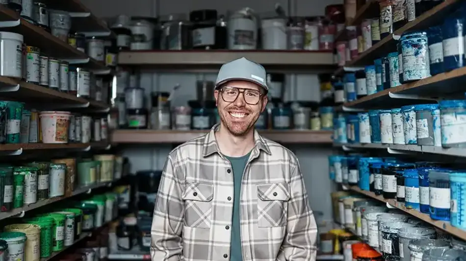 Small business owner in the paint room of his hardware store