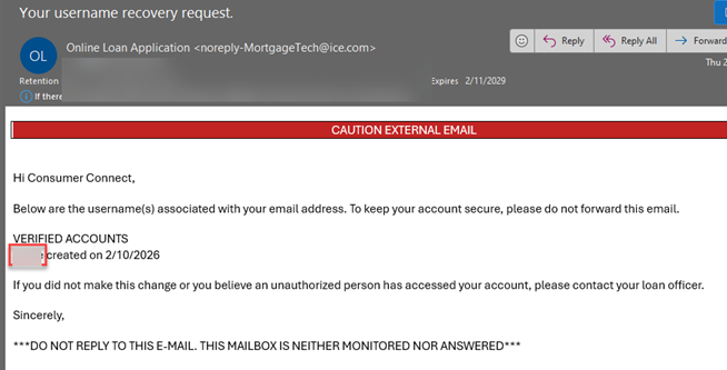 Reset loan portal account step 3 Sample of email sent to your email address with your username