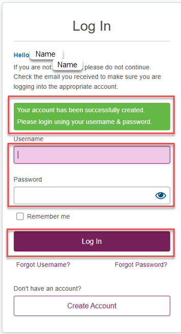 Create account step 5 image Image of log in dialogue box with successful account creation message