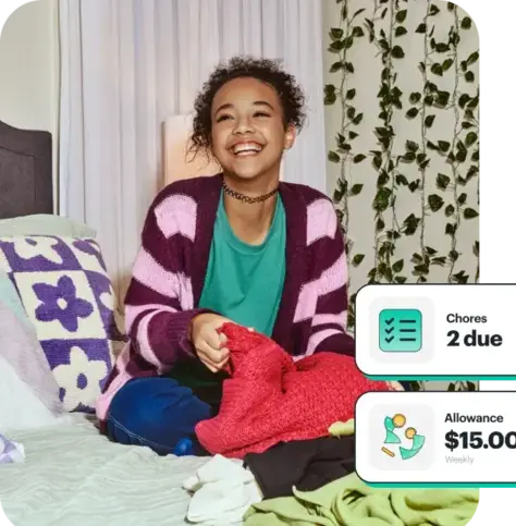 Young teen girl laughing, sitting on her bed, with two phone app screenshots superimposed on the left side of the image, one listing the number of chores due and the other showing the allowance earned